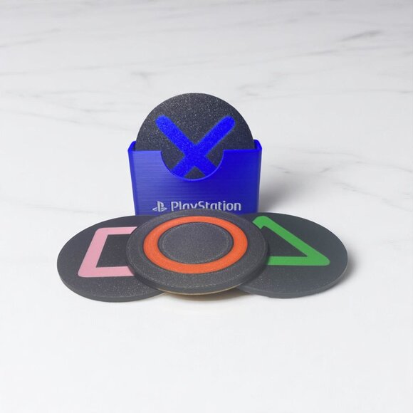 PlayStation Themed Buttons Coaster Set – 4-Pack with Holder - Picture 3 of 8